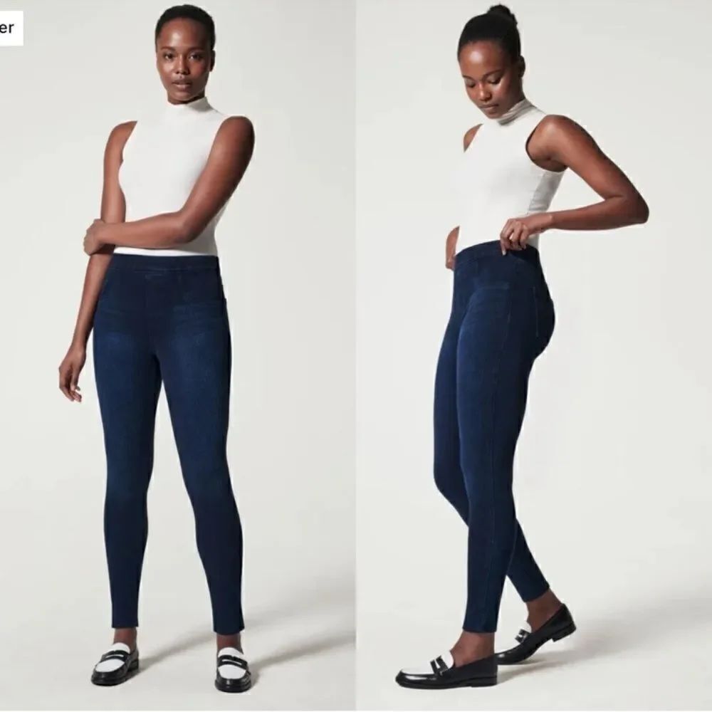 SPANX Jeanish Ankle Leggings Pull On Skinny Jeans Denim Dark Wash Medium Petite